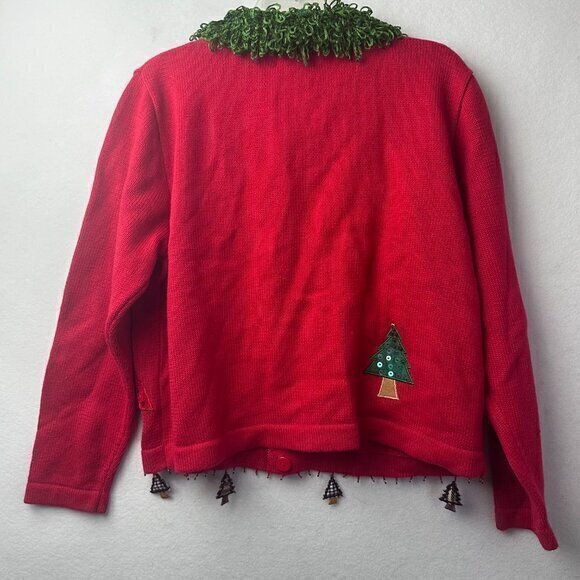 Just B Christmas‎ Cardigan Sweater size L Embroidered Beaded Trees Red Ramie - Picture 5 of 5